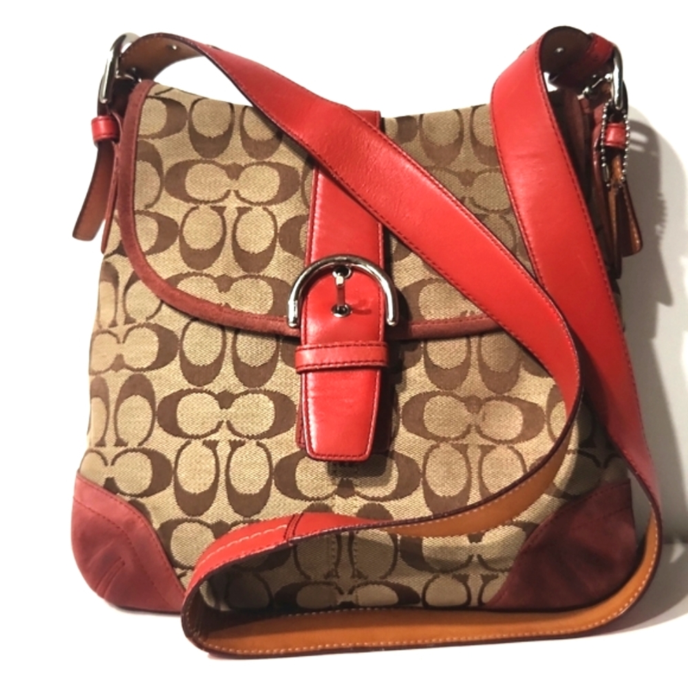 Coach Canvas Suede Signature C Red Crossbody Shoulder Bag - Picture 13 of 13